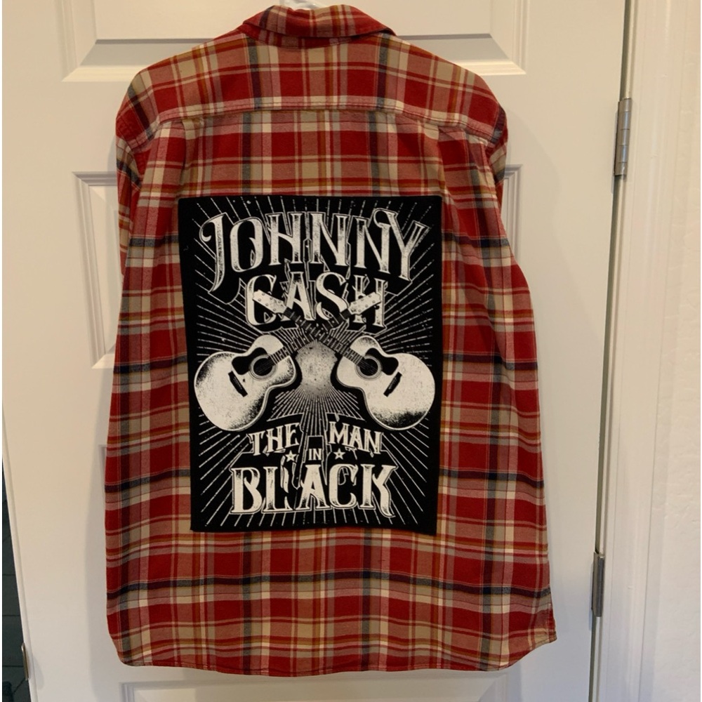 Custom Made Johnny Cash Graphic on Red Plaid Eddie Bauer Flannel Shirt, Sz TL